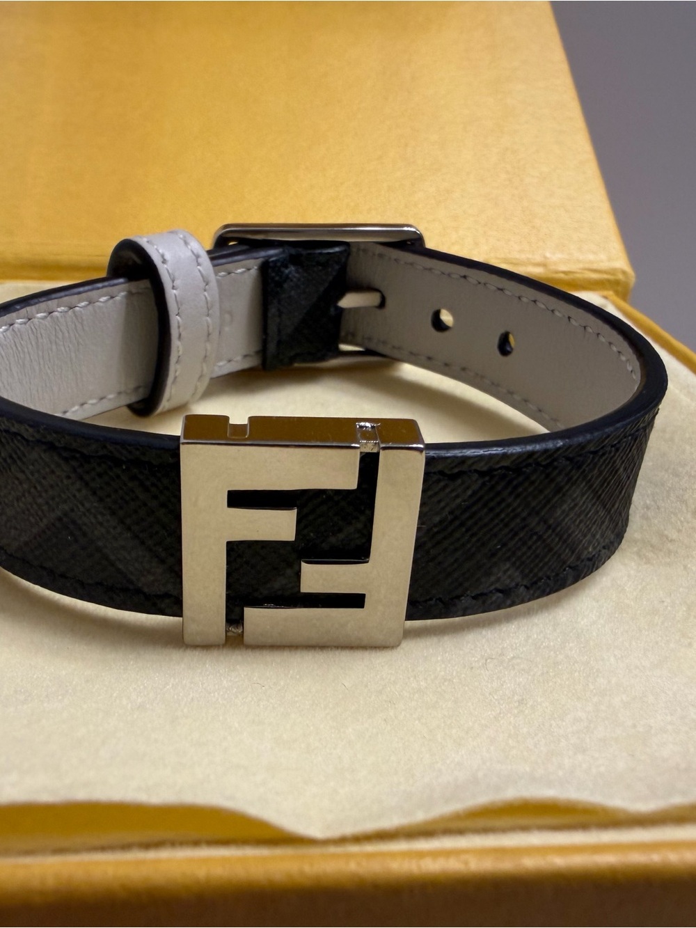 NIB- Fendi FF Canvas reversible bracelet with palladium-finish metalware.